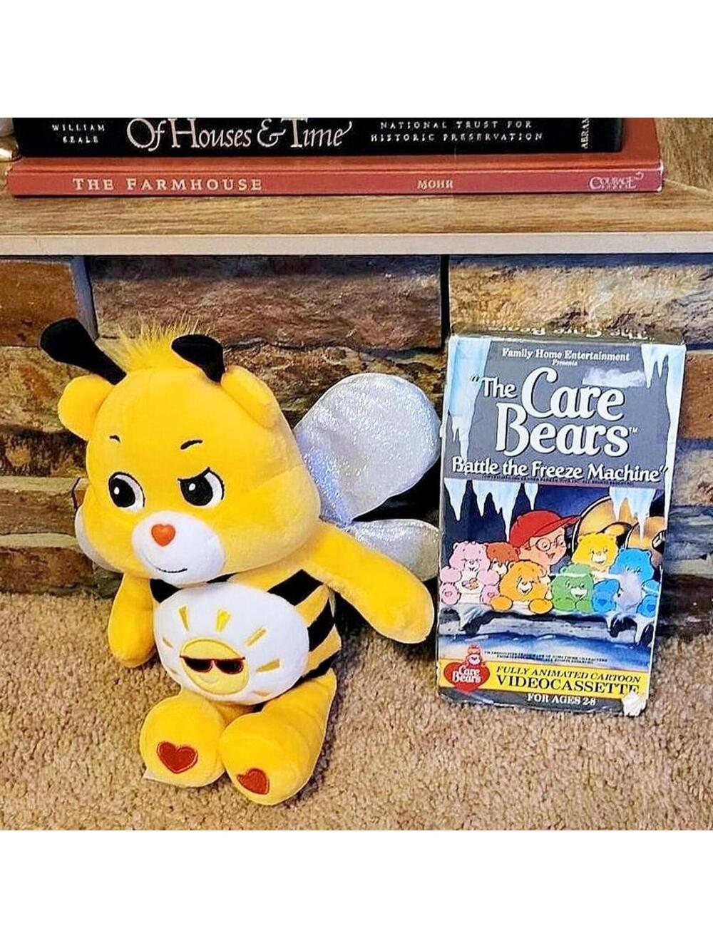 Sunshine Yellow Care Bear plush and Vintage Battle the Freeze Machine  Rare VHS